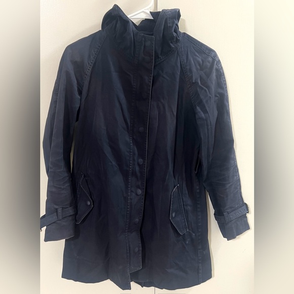 J Crew Trench Coat Navy Belvedere Swing Rain Military Zip Button Jacket Size 0 - Picture 1 of 9